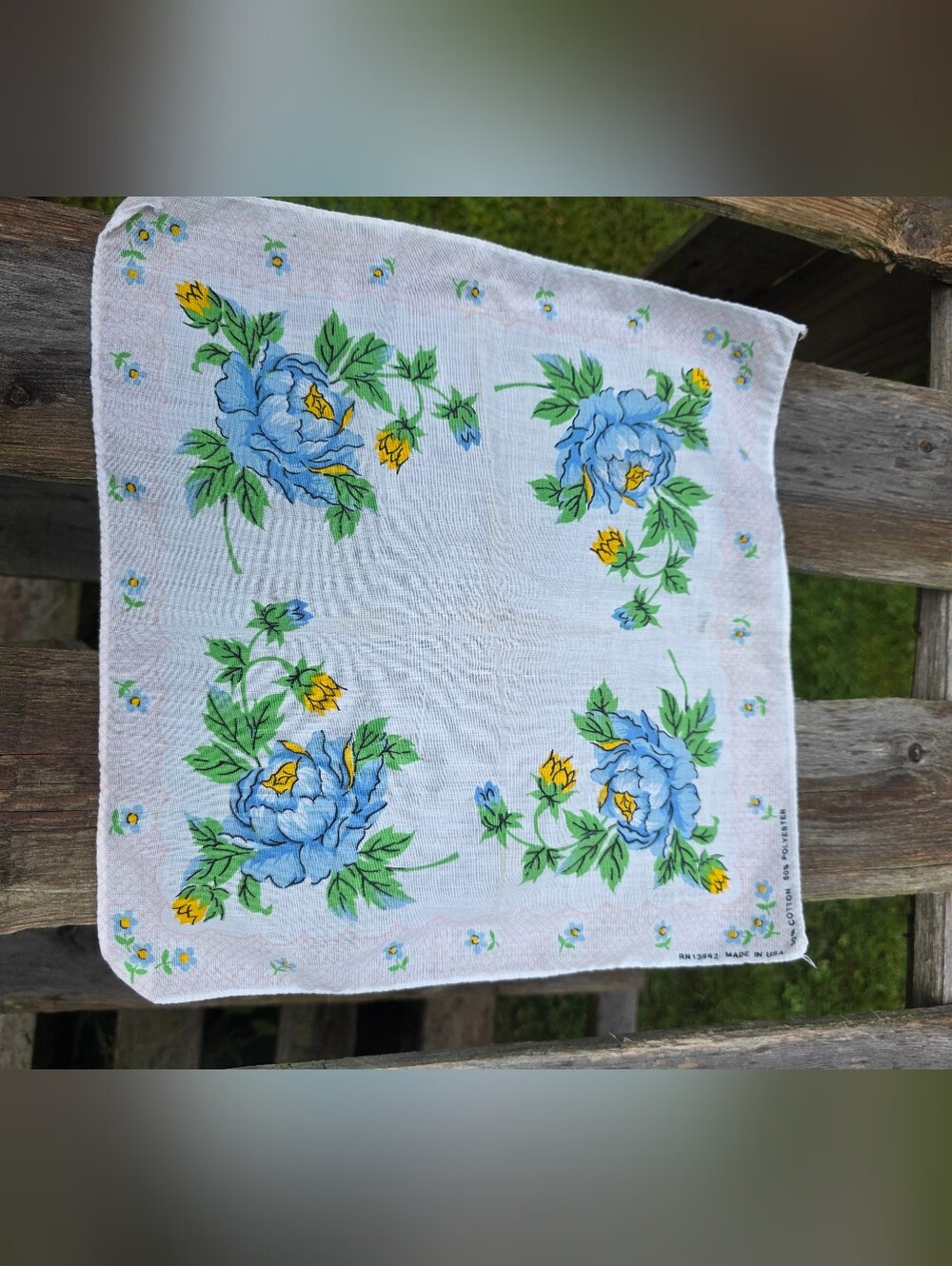 Vintage Floral Blue & Yellow Cotton Handkerchief - White Background